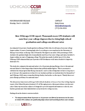 New UChicago CCSR report: Thousands more CPS students will earn four-year college degrees due to rising high school graduation and college enrollment rates