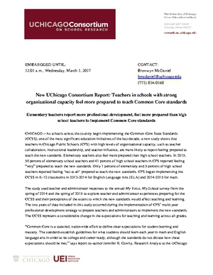 New UChicago Consortium Report: Teachers in schools with strong organizational capacity feel more prepared to teach Common Core standards