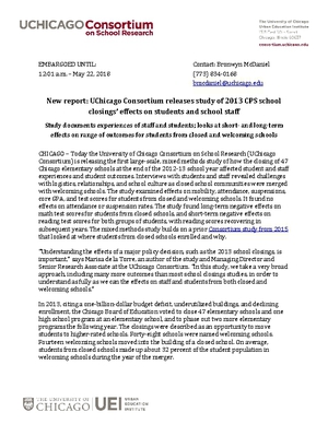 New report: UChicago Consortium releases study of 2013 CPS school closings' effects on students and school staff