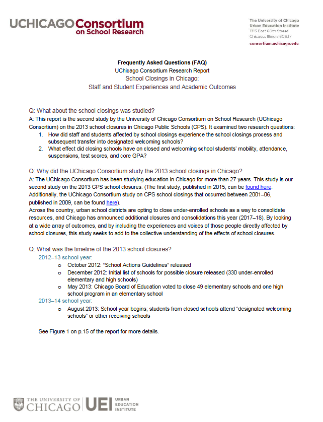 FAQ Document: School Closings in Chicago: Staff and Student Experiences and Academic Outcomes