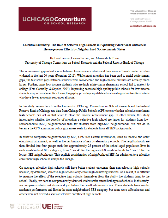 Executive Summary: The Role of Selective High Schools in Equalizing Educational Outcomes: Heterogeneous Effects by Neighborhood Socioeconomic Status