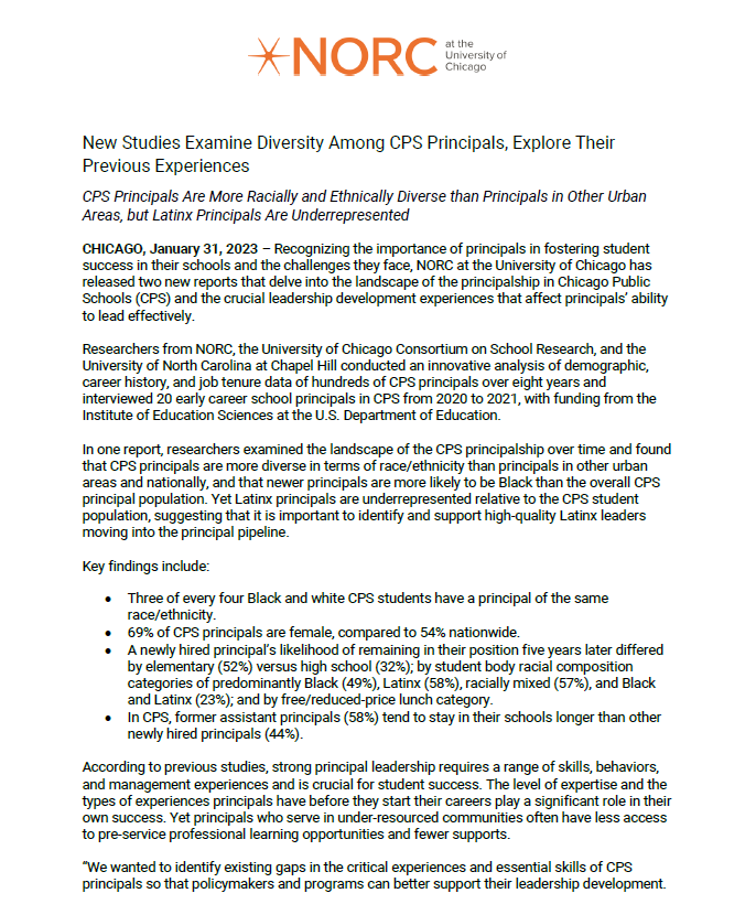  Chicago Public School Principals' Prior Experiences: Press Release