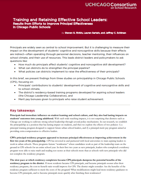 Training and Retaining Effective School Leaders: Results from Efforts to Improve Principal Effectiveness in Chicago Public Schools 