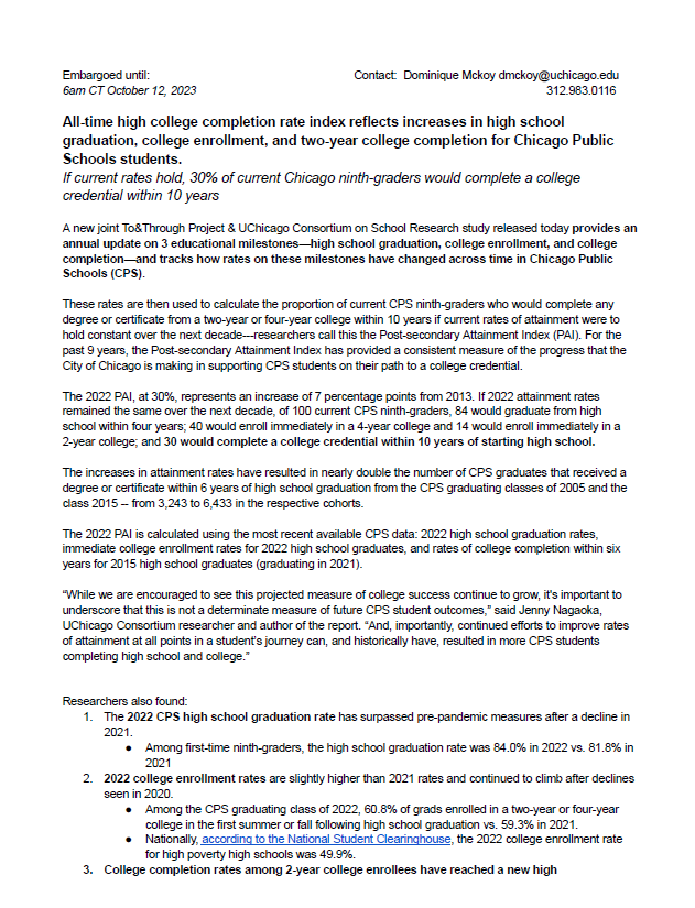 The Educational Attainment of Chicago Public Schools Students: 2022: Press Release
