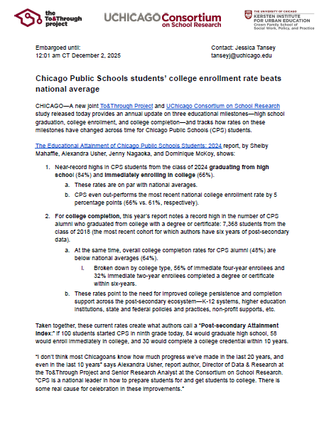 The Educational Attainment of Chicago Public Schools Students 2024: Press Release